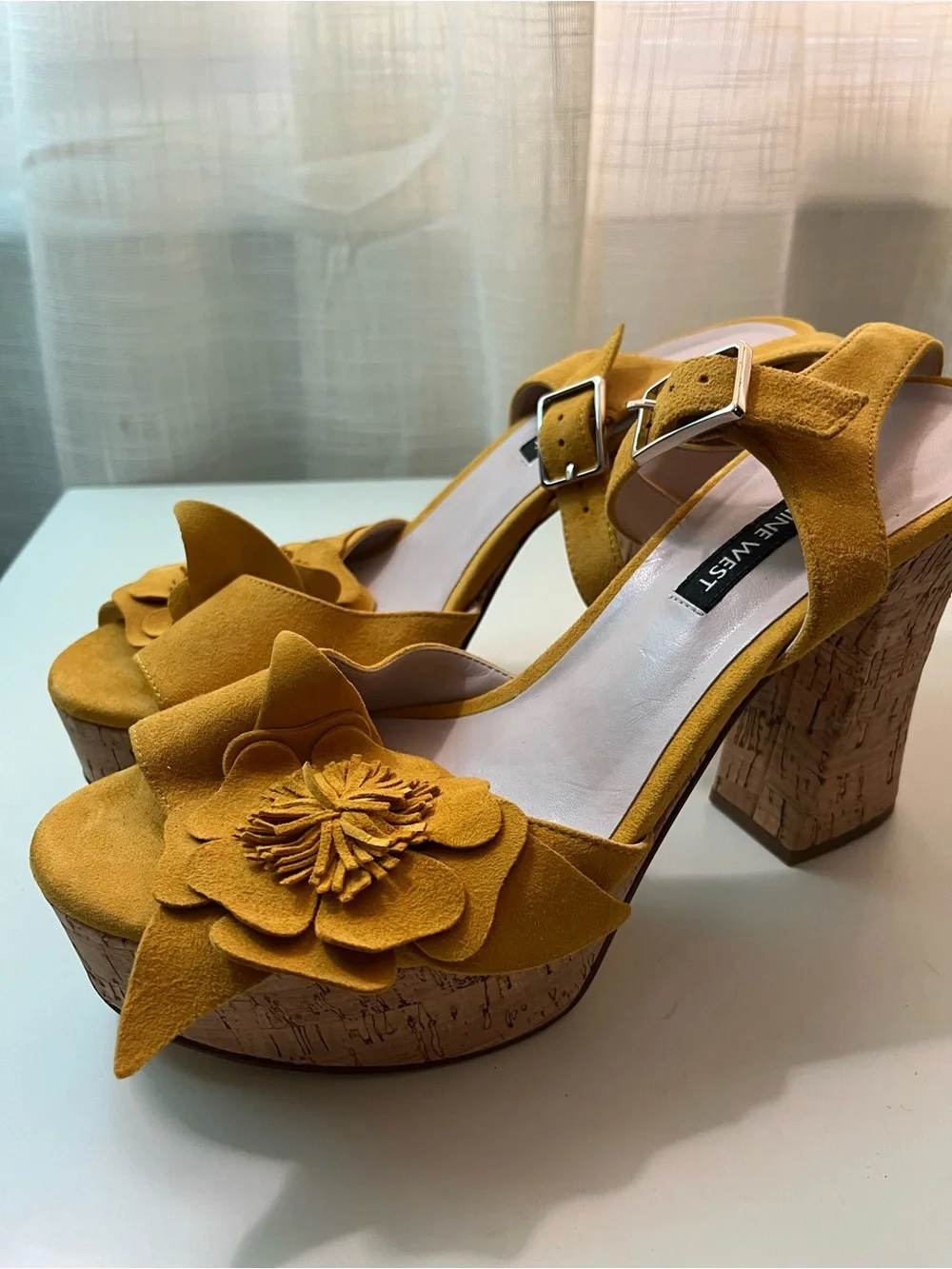 Nine West Yellow Suede Floral Appliqué Platform Heels